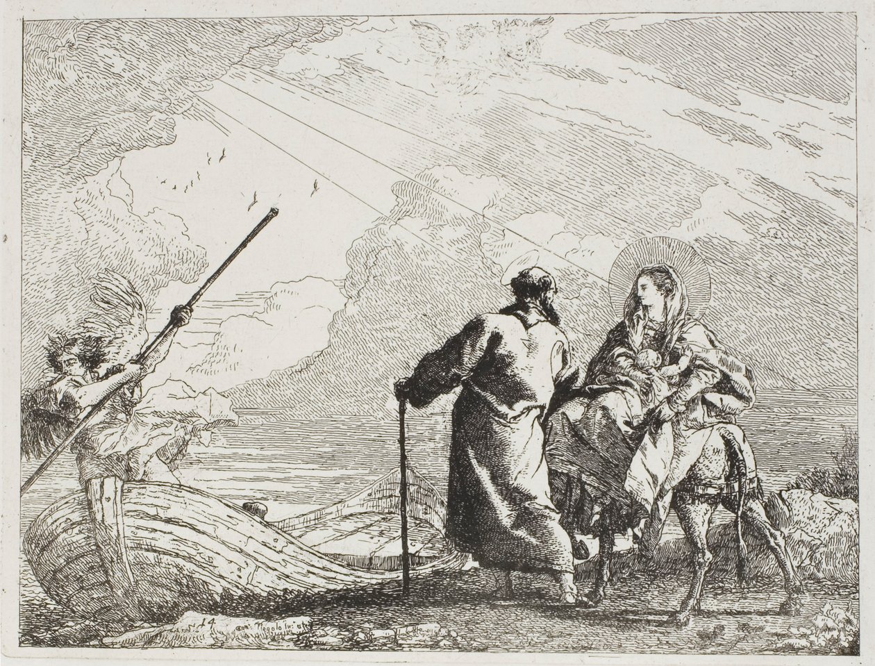 Die Heilige Familie am Ufer eines Flusses, Platte vierzehn aus Die Flucht nach Ägypten von Giovanni Domenico Tiepolo