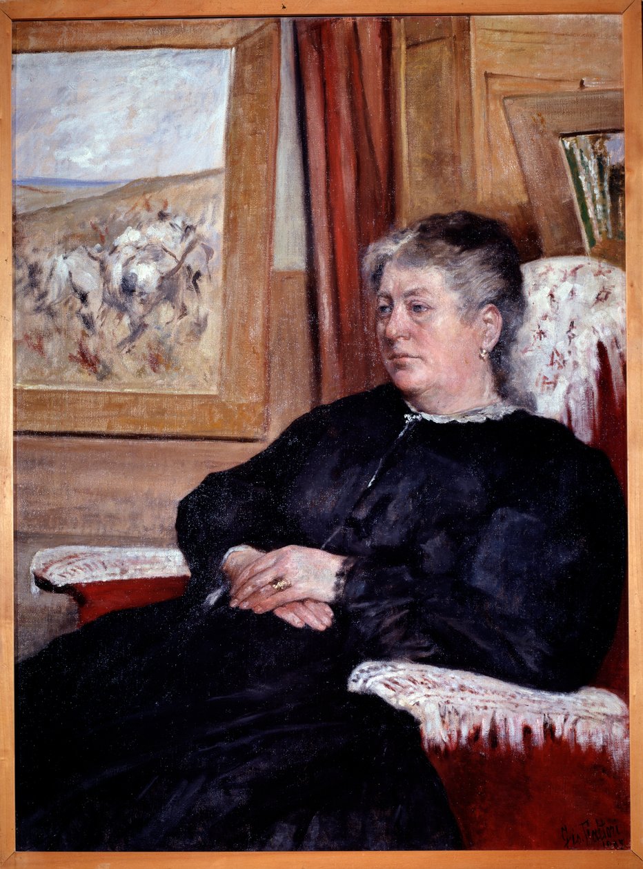 Eine alte Frau in einem Sessel, die ein schwarzes Kleid trägt - Gemälde von Giovanni Fattori von Giovanni Fattori