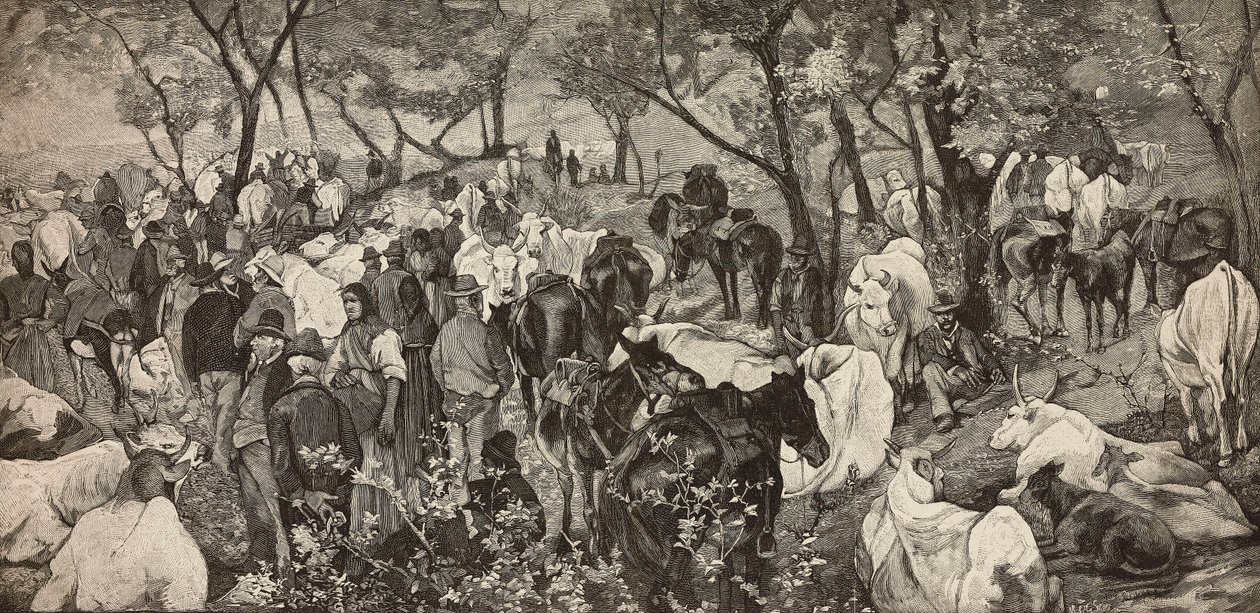 Markt in den toskanischen Apenninen, Gravur nach einem Gemälde von Giovanni Fattori, aus L