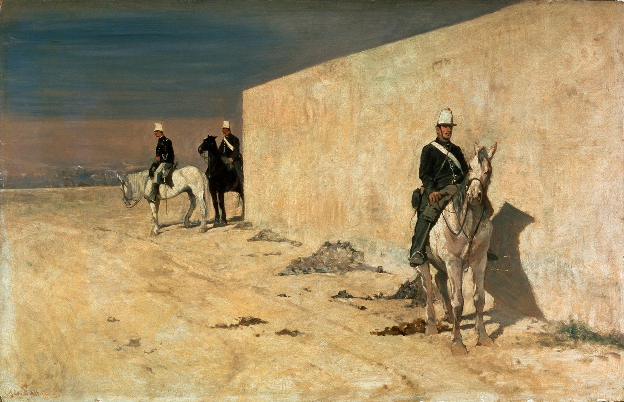 Der Ausguck (Die weiße Mauer) Reiter, die vor einer weißen Mauer in der Wüste Wache stehen. Gemälde von Giovanni Fattori (1825-1908) von Giovanni Fattori
