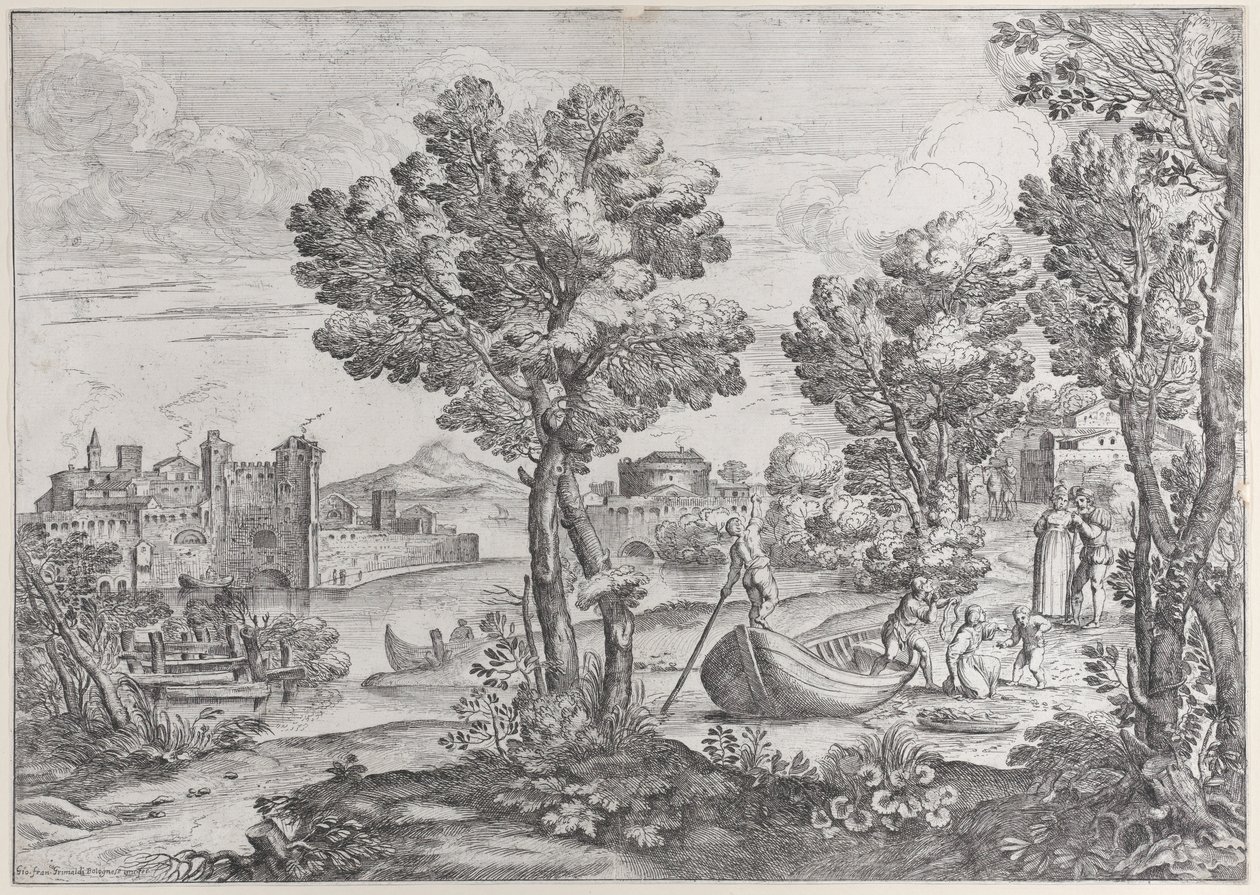 Landschaft mit einem Mann, der eine Schlange zu einem verängstigten Kind hält, beobachtet von einer modisch gekleideten Person, 1626-80 von Giovanni Francesco Grimaldi
