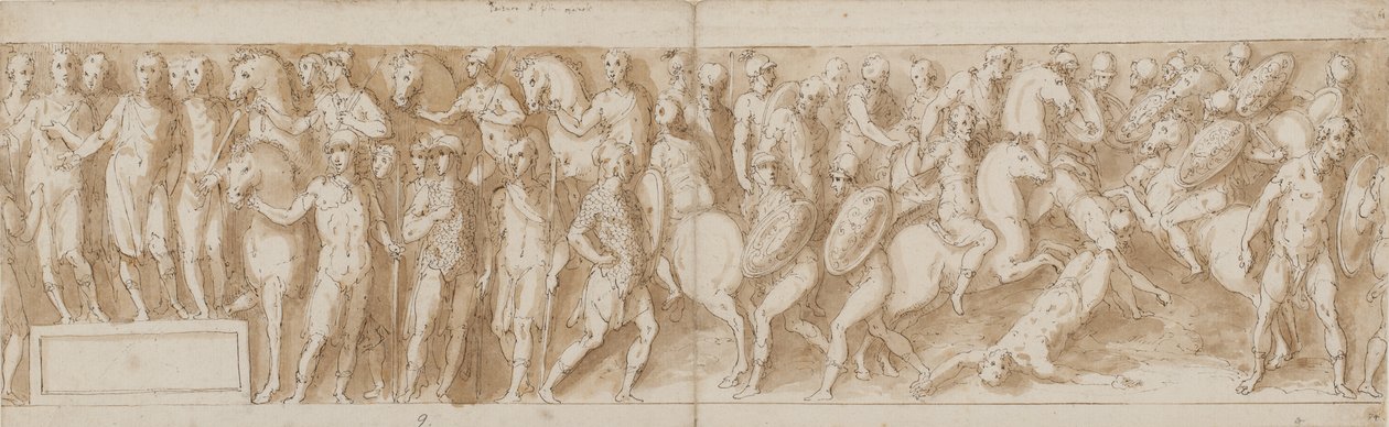 Marcus Aurelius erhält einen Bericht über die Gefangennahme der Frauen (LXXXVI); Marcus Aurelius kommt von einem Marsch zurück (LXXXVII); ein deutscher Häuptling wird weggeführt (LXXXVIII); die letzten Männer des Häuptlings fallen (von einer Brücke, die Gu von Giovanni Guerra