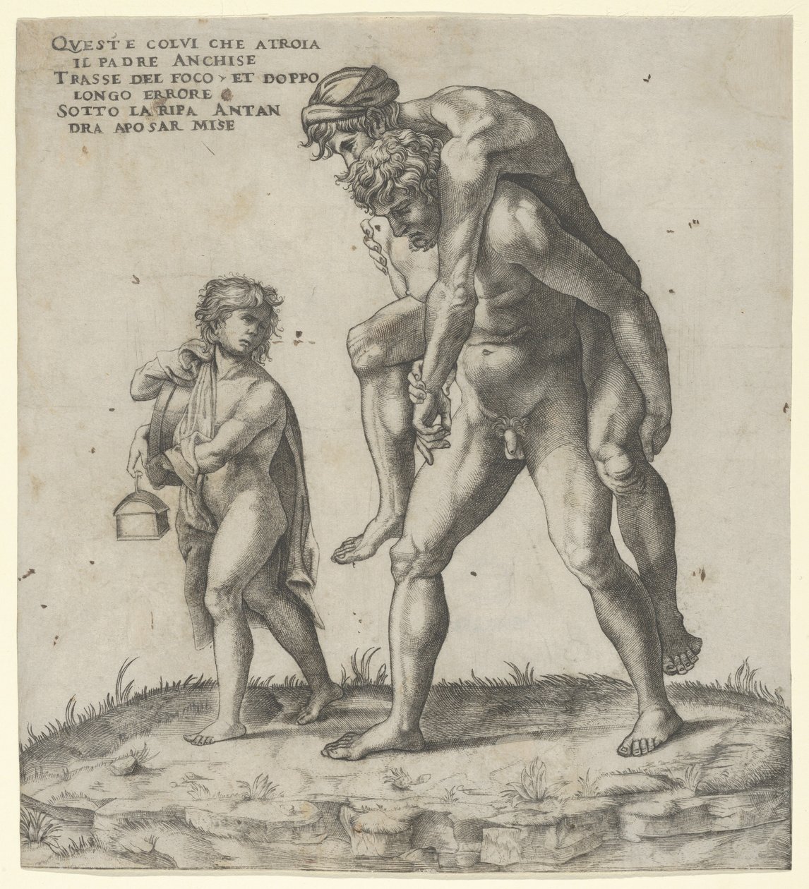 Aeneas rettet Anchises, ein Junge trägt links eine Laterne, ca. 1525 von Giovanni Jacopo Caraglio