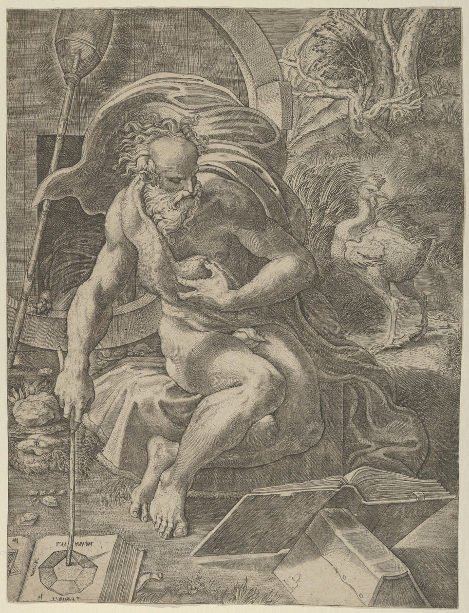 Diogenes sitzt mit seinem Fass hinter sich und liest ein Buch, während er einen Stock hält, ca. 1526-27 von Giovanni Jacopo Caraglio
