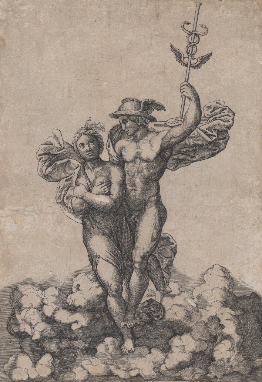 Merkur bringt Psyche zum Olymp, nach Raphaels Komposition in der Villa Farnes..., ca. 1520-39 von Giovanni Jacopo Caraglio
