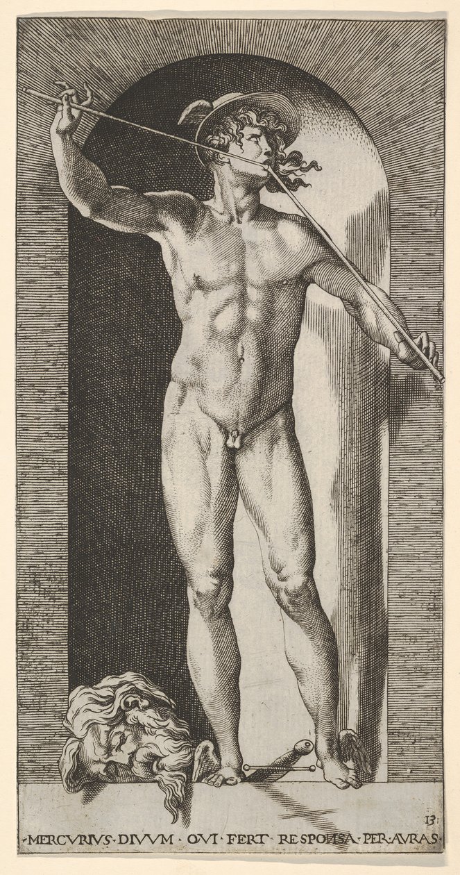 Merkur steht in einer Nische und spielt seine Pfeifen, mit dem abgetrennten Kopf eines alten Mannes, 1526 von Giovanni Jacopo Caraglio