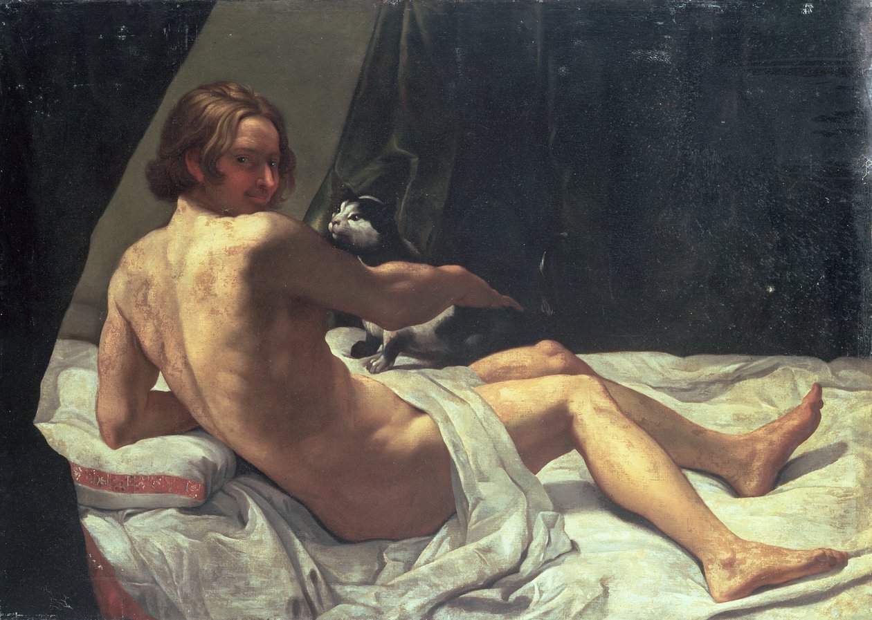 Junger Mann liegt mit einer Katze auf einem Bett, 1620 von Giovanni Lanfranco