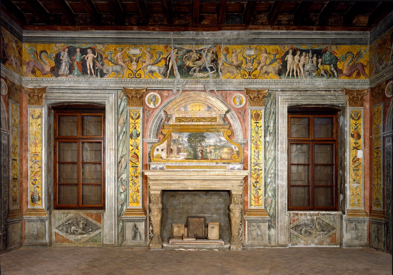 Sternzeichen: „Die Waage“ Oberes Medaillon mit Porträts der Kaiser Hadrian und Antoninus Pius. Das Fresko ist beschädigt. Fresko zugeschrieben Giovanni Maria Falconetto (1468-1534) um 1520 Mantua, Palazzo d