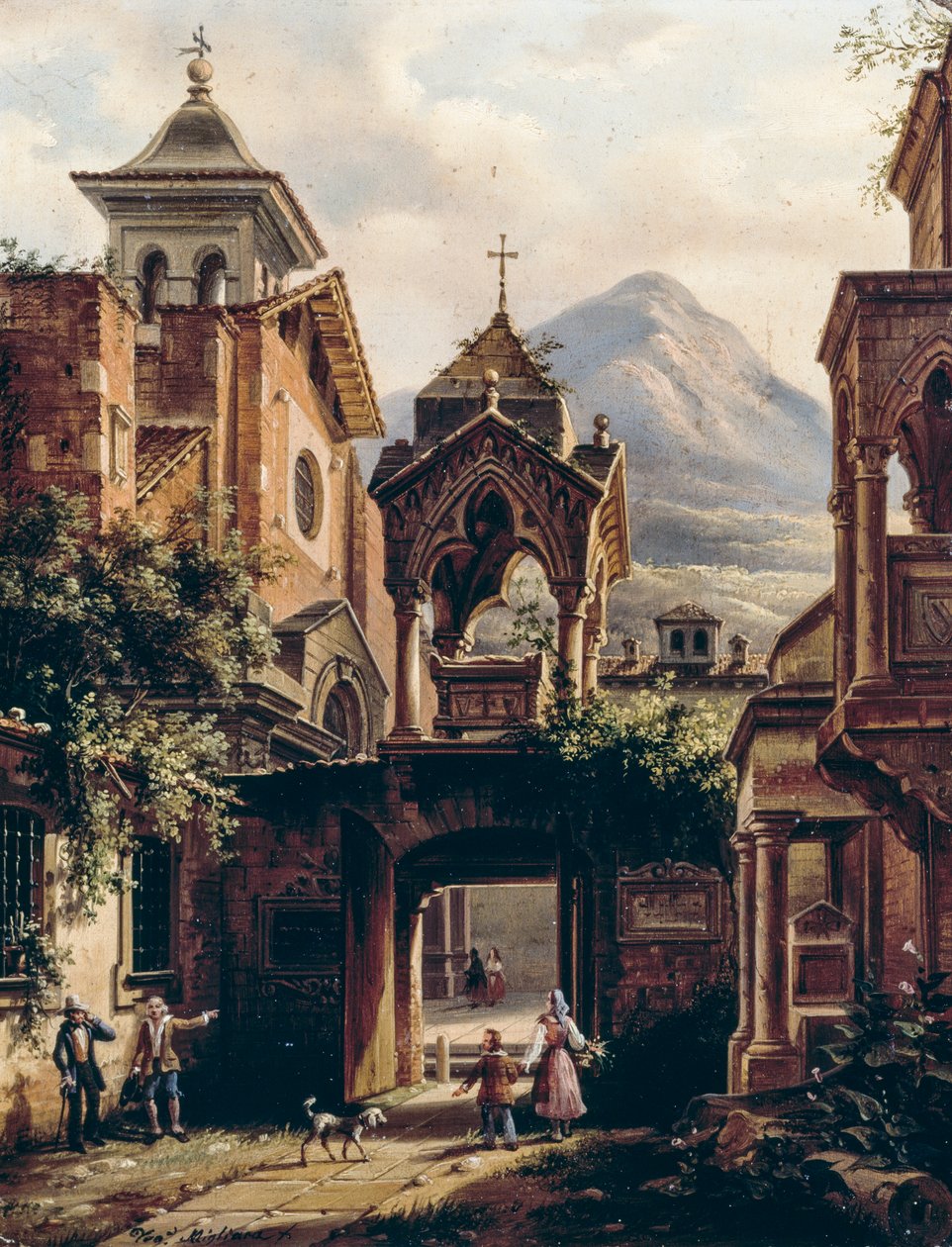Außenansicht einer alten Abtei mit Personen von Giovanni Migliara