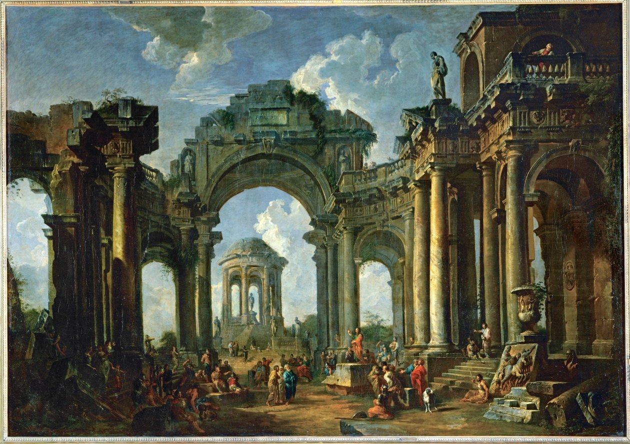 Die Predigt eines Apostels in antiken Ruinen dorischer Ordnung von Giovanni Paolo Pannini or Panini