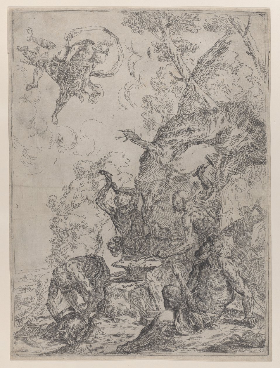 Die Schmiede des Vulkan mit Schmieden, die mit Hämmern auf einen Amboss schlagen, 1640-59 von Giovanni Pietro Possenti