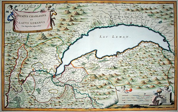 Genfer See, aus einem zweibändigen Stadtbuch von Savoyen und Piemont, graviert von Joannes de Broen (1649-c.1730) von Giovanni Tommaso (after) Borgionio