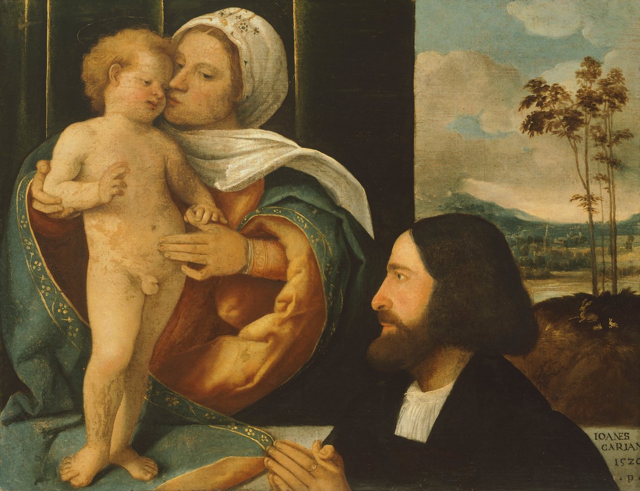 Madonna mit Kind und Gläubigem, von Giovanni Cariani von Giovanni de Busi Cariani