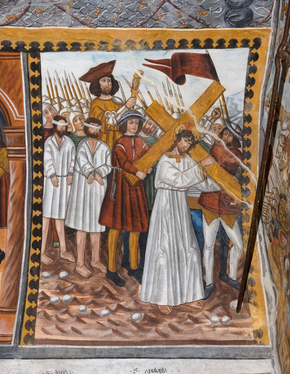 Geschichten der Passion Christi: Jesus geht mit dem Kreuz auf den Kalvarienberg und wird von Cyrenaeus unterstützt von Giovanni di Cherasco Botoneri