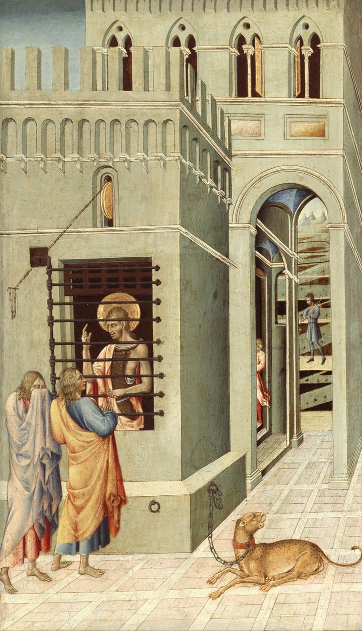 Johannes der Täufer im Gefängnis von zwei Jüngern besucht von Giovanni di Paolo