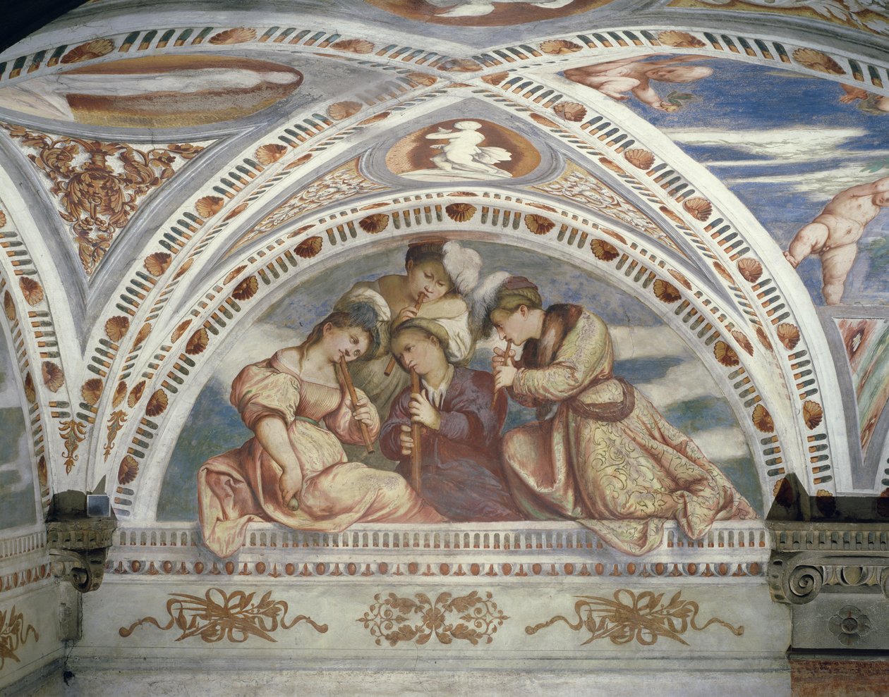 Ringstein, der ein Konzertquartett von Blockflötenspielern darstellt, 1532 von Girolamo Romanino