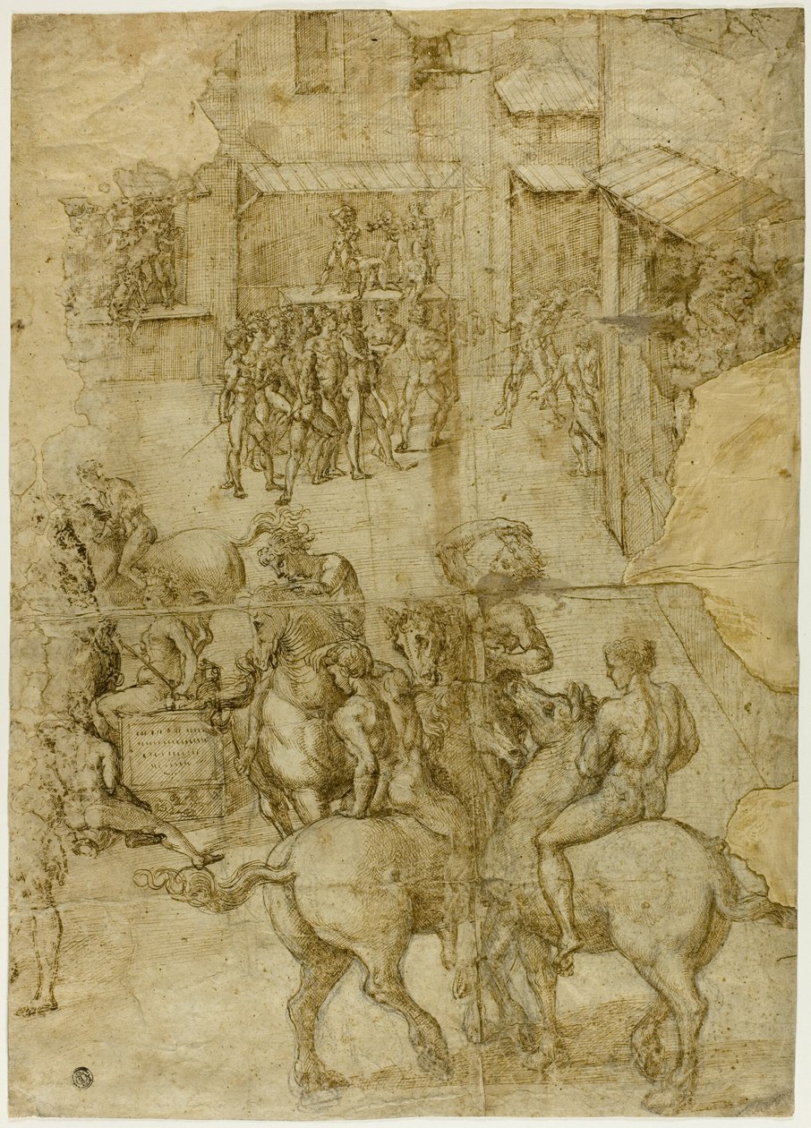 Mythologische Parade (recto); Unleserliche Inschriften und anatomische Studien des Kopfes (verso) von Girolamo Genga