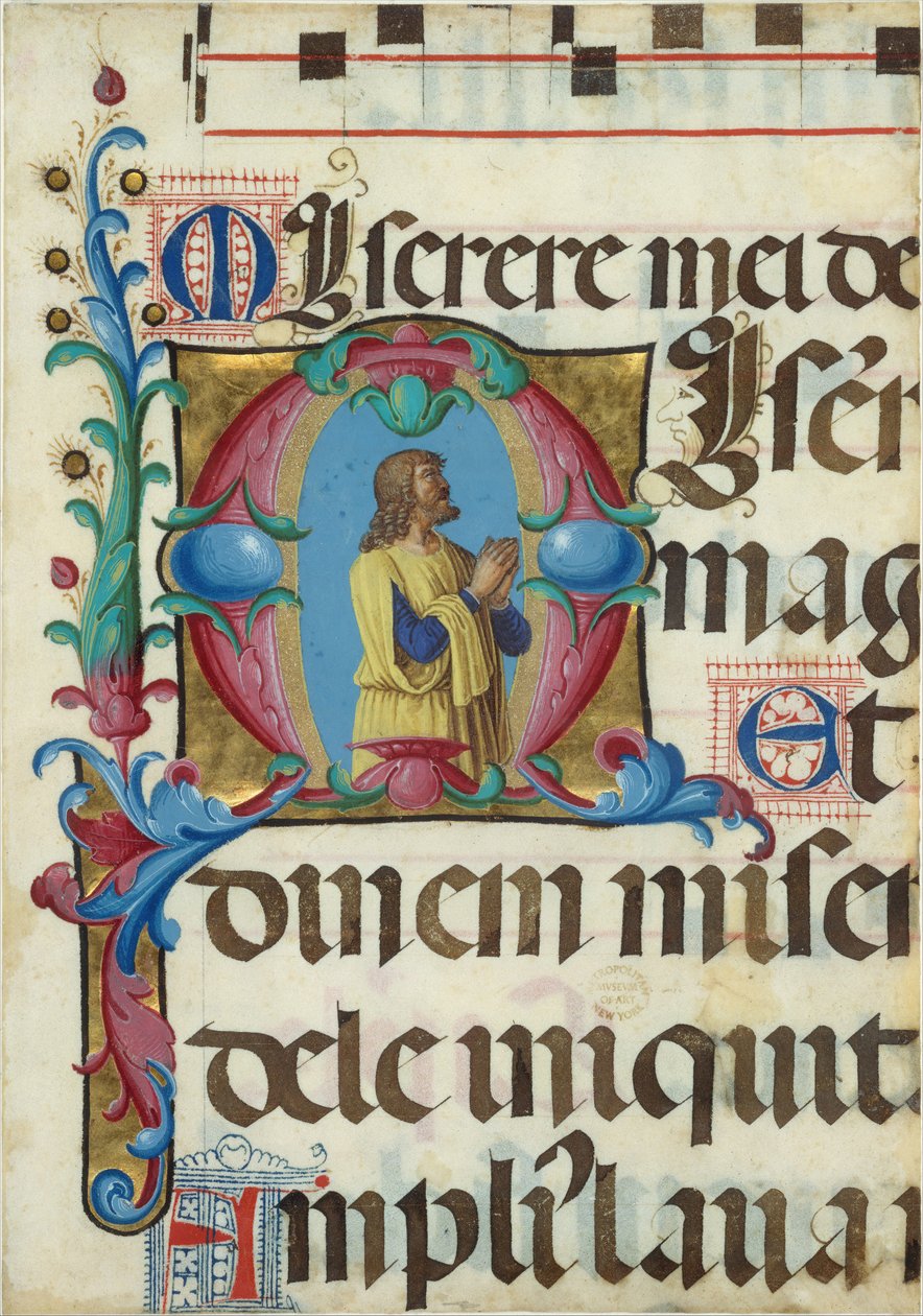 Manuskript-Illumination mit David im Gebet in einem Initial M, aus einem Psalter, Italienisch, 1501-2 von Girolamo dai Libri