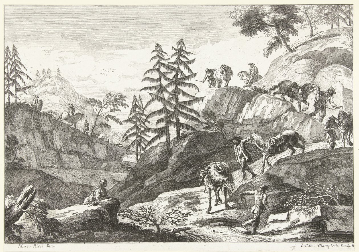 Berglandschaft mit Reitern, die Pferde bergab führen von Giuliano Giampiccoli