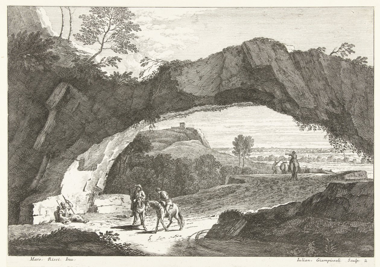 Landschaft mit Steinbrücke und einigen Figuren von Giuliano Giampiccoli