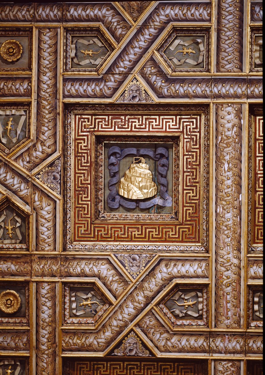 Sala dei Cavalli, Decke mit geschnitztem Gonzaga-Emblem des Olymp, Eidechsen und verzierten Rosetten, umrahmt von Trompe-l