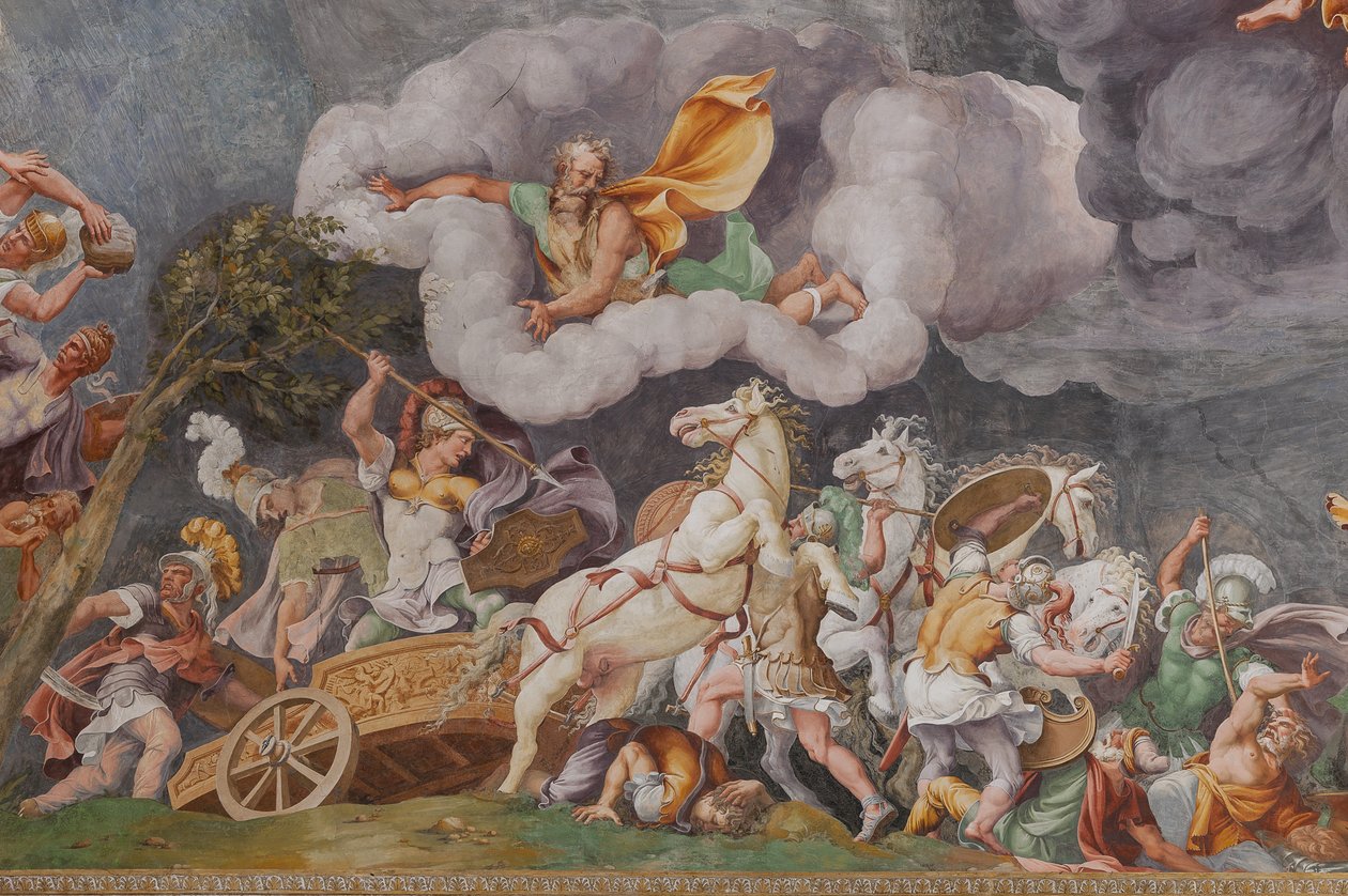 Eine Schlacht, Detail, Das Trojanische Pferd, Kammer von Troja (Sala di Troia) von Giulio (and workshop) Romano