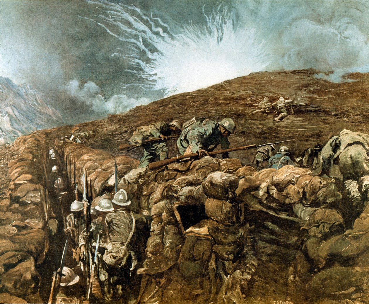 Erster Weltkrieg: Schützengräben bei Gorizia, Italienfeldzug um den Isonzo-Fluss, September 1917 von Giulio Aristide Sartorio