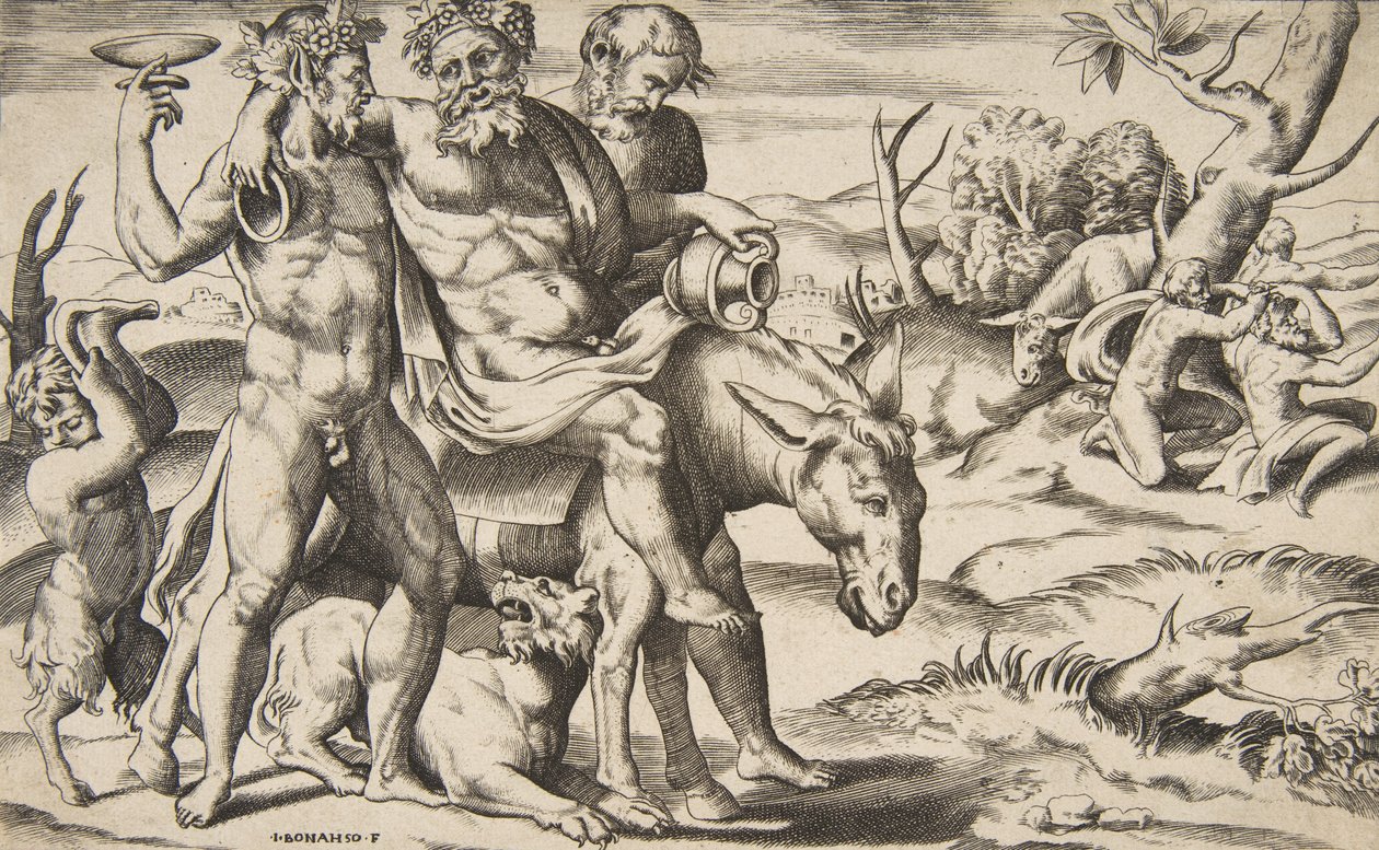 Ein betrunkener Silen reitet auf einem Esel, unterstützt von Satyrn, 1531-76 von Giulio Bonasone