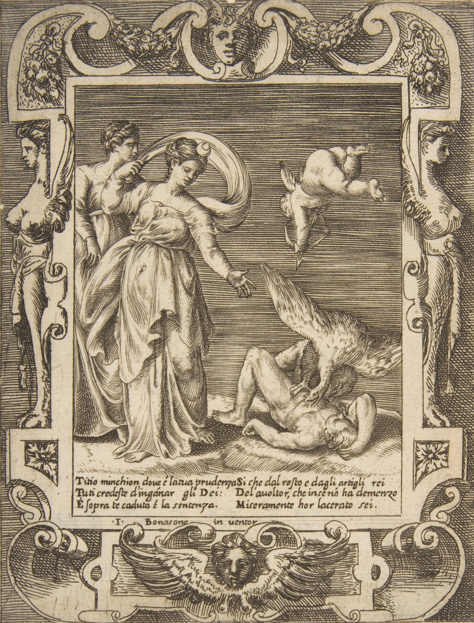 Ein Geier frisst die Eingeweide des Titius, Amor über zwei Frauen links, 1531-76 von Giulio Bonasone