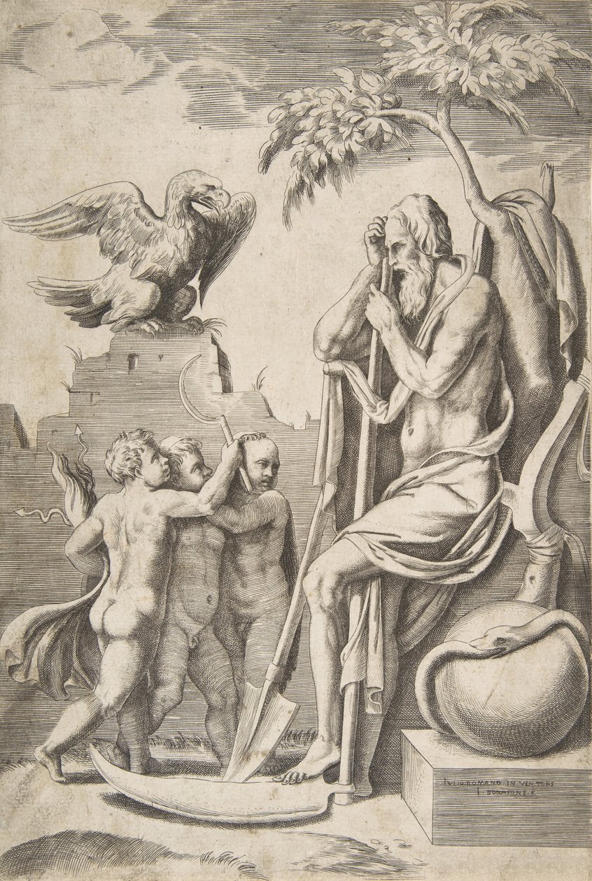 Vater Zeit rechts, an einer Sense lehnend, drei nackte Jungen und Adler links, 1531-76 von Giulio Bonasone