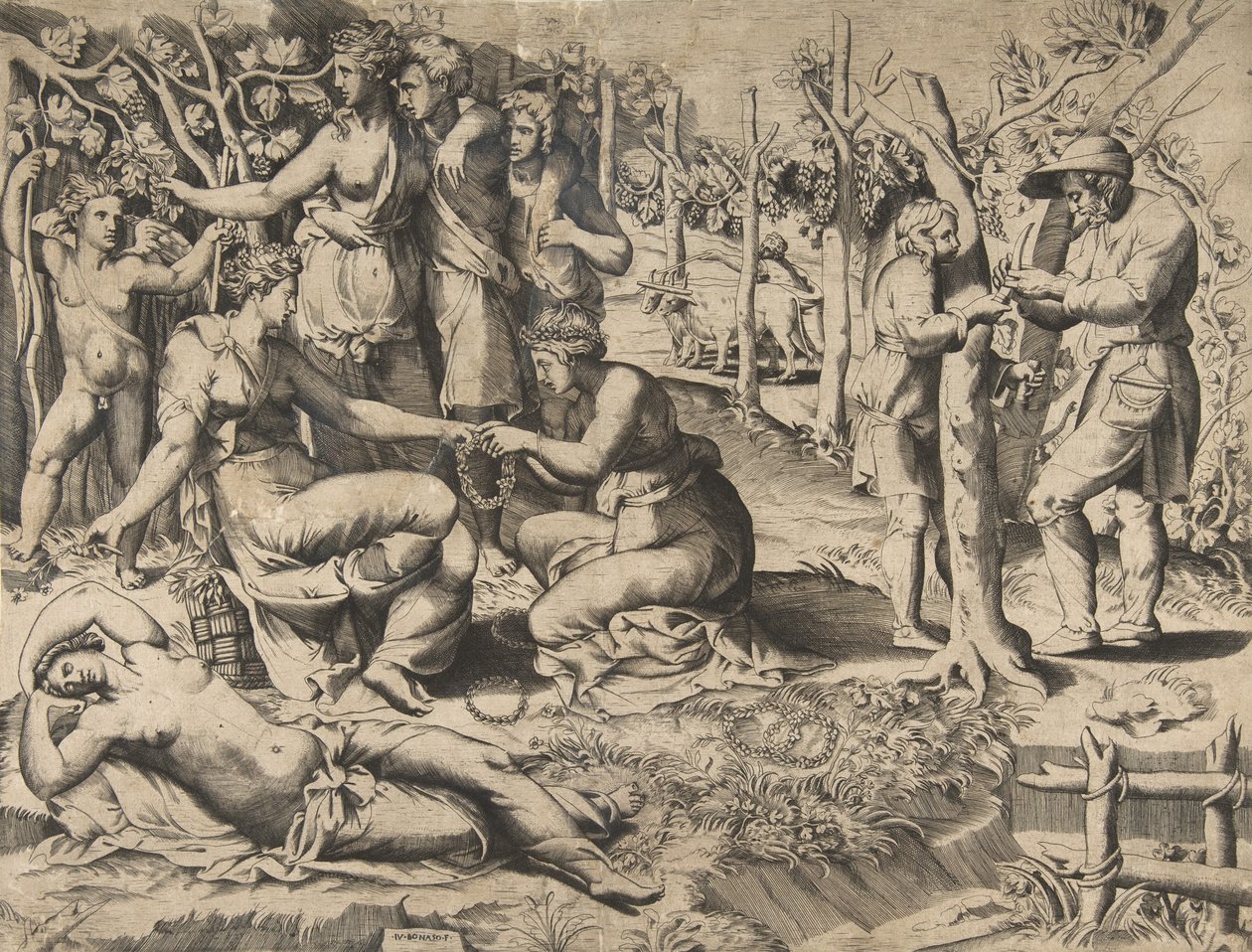 Flora in der Mitte, die einen Kranz an eine andere Frau weitergibt, umgeben von anderen Figuren, Mitte des 16. Jahrhunderts von Giulio Bonasone