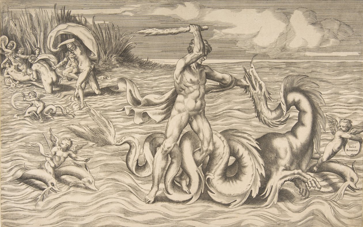 Herkules kämpft gegen einen Drachen in der Mitte, Achelous entführt Deianeira oben links von Giulio Bonasone