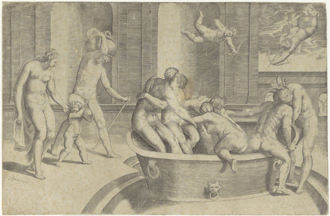 Männer und Frauen in großer Badewanne von Giulio Bonasone