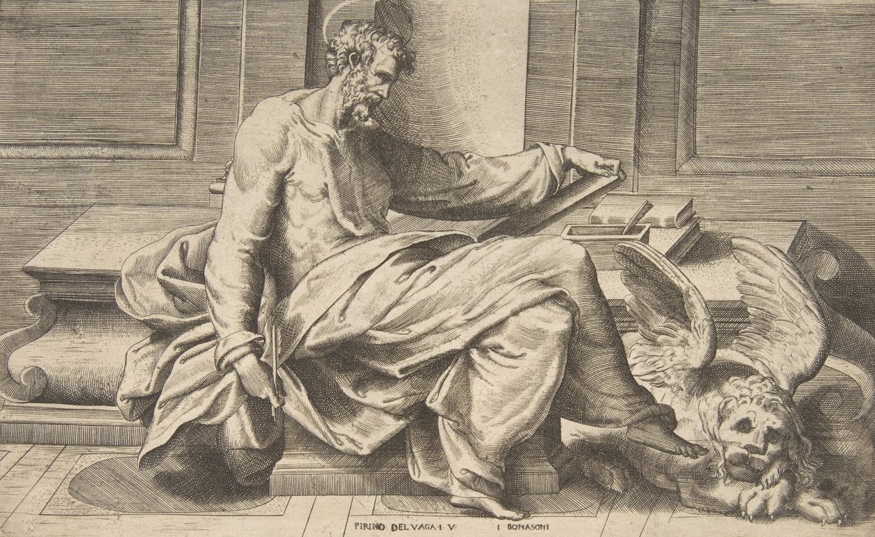 Der heilige Markus schreibt sein Evangelium, geflügelter Löwe rechts von Giulio Bonasone