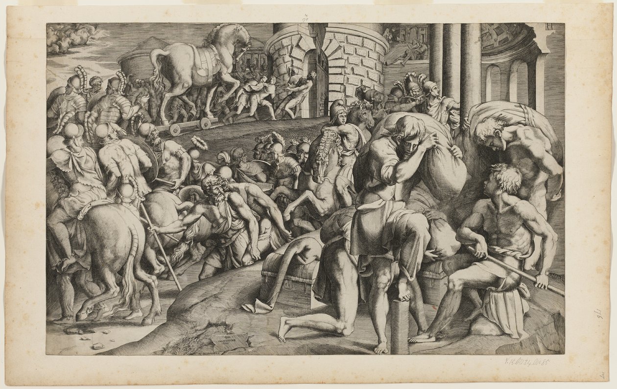 Das Trojanische Pferd wird in die Stadt Troja gezogen von Giulio Bonasone