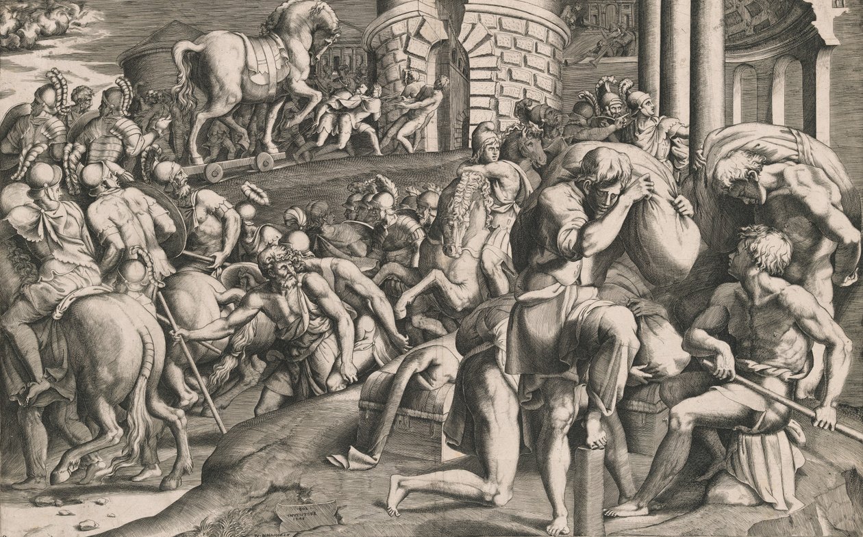 Die Trojaner ziehen das hölzerne Pferd in die Stadt, 1545 von Giulio Bonasone