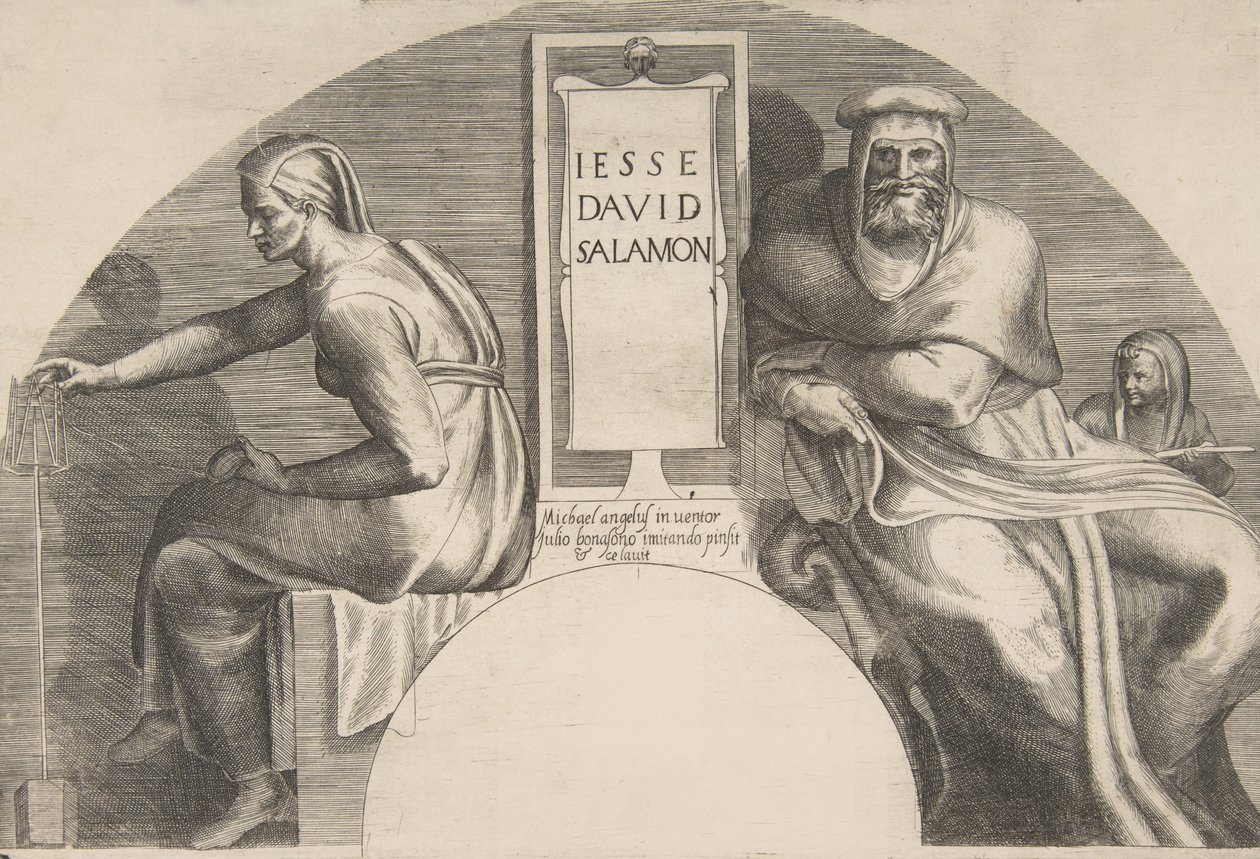 Die Vorfahren Christi flankieren eine beschriftete Tafel, eine Komposition mit gewölbtem Oberteil von Giulio Bonasone