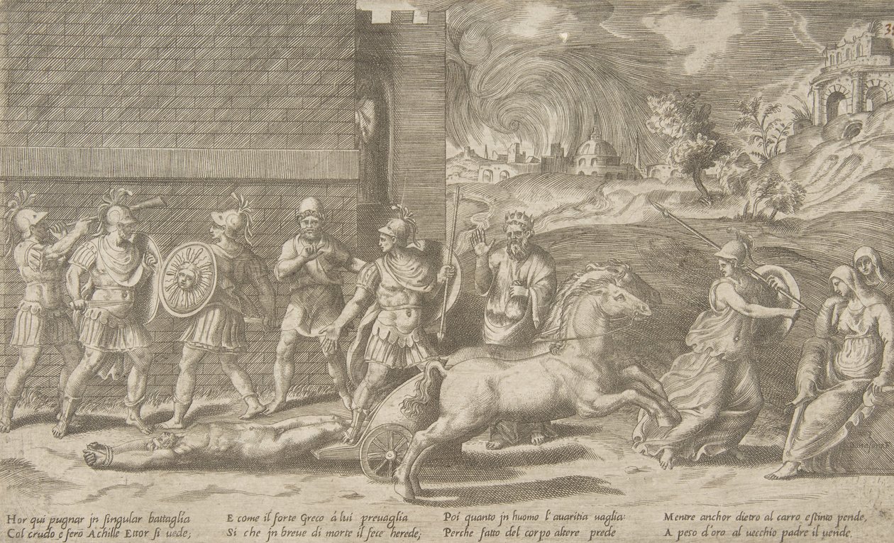 Der Kampf von Hector und Achilles, und Achilles, der den Körper von Hector umherzieht, 1531-76 von Giulio Bonasone