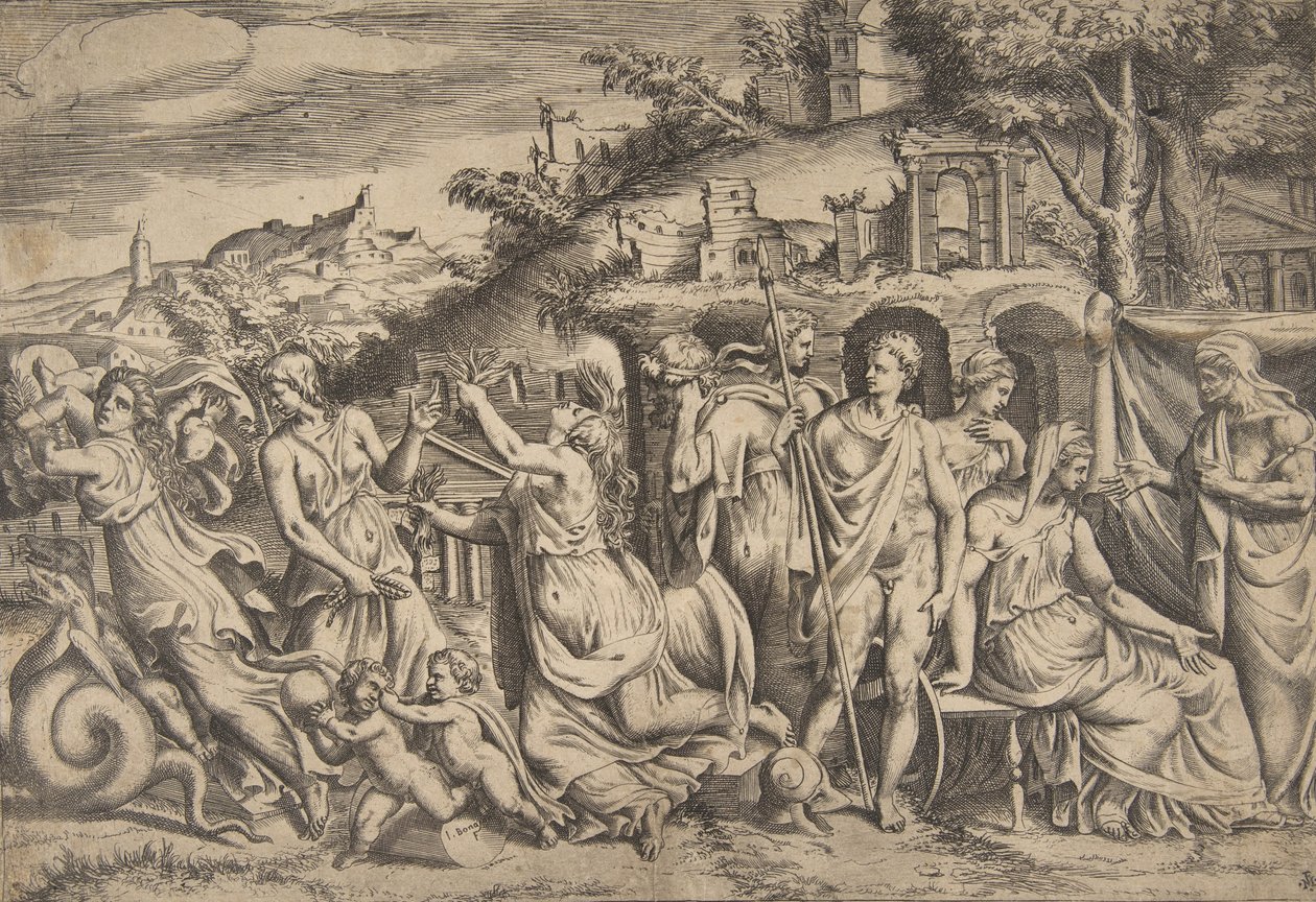 Die Geschichte von Jason und Medea, links trägt sie ihren Sohn weg, in der Mitte ist sie ..., 1531-76 von Giulio Bonasone