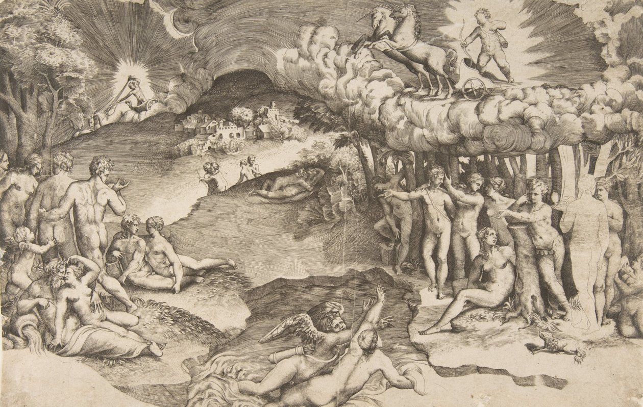 Der Triumph der Liebe, Amor reitet auf einem von Einhörnern gezogenen Wagen von Giulio Bonasone