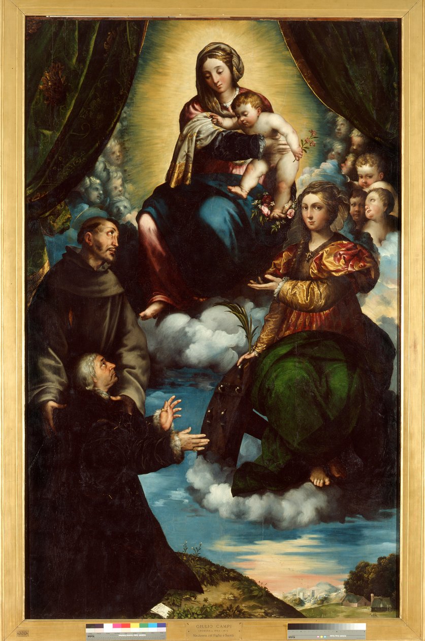 Die Madonna und das Kind, Heilige Katharina von Alexandrien, Heiliger Franziskus und Pietro Martire Stampa von Giulio Campi