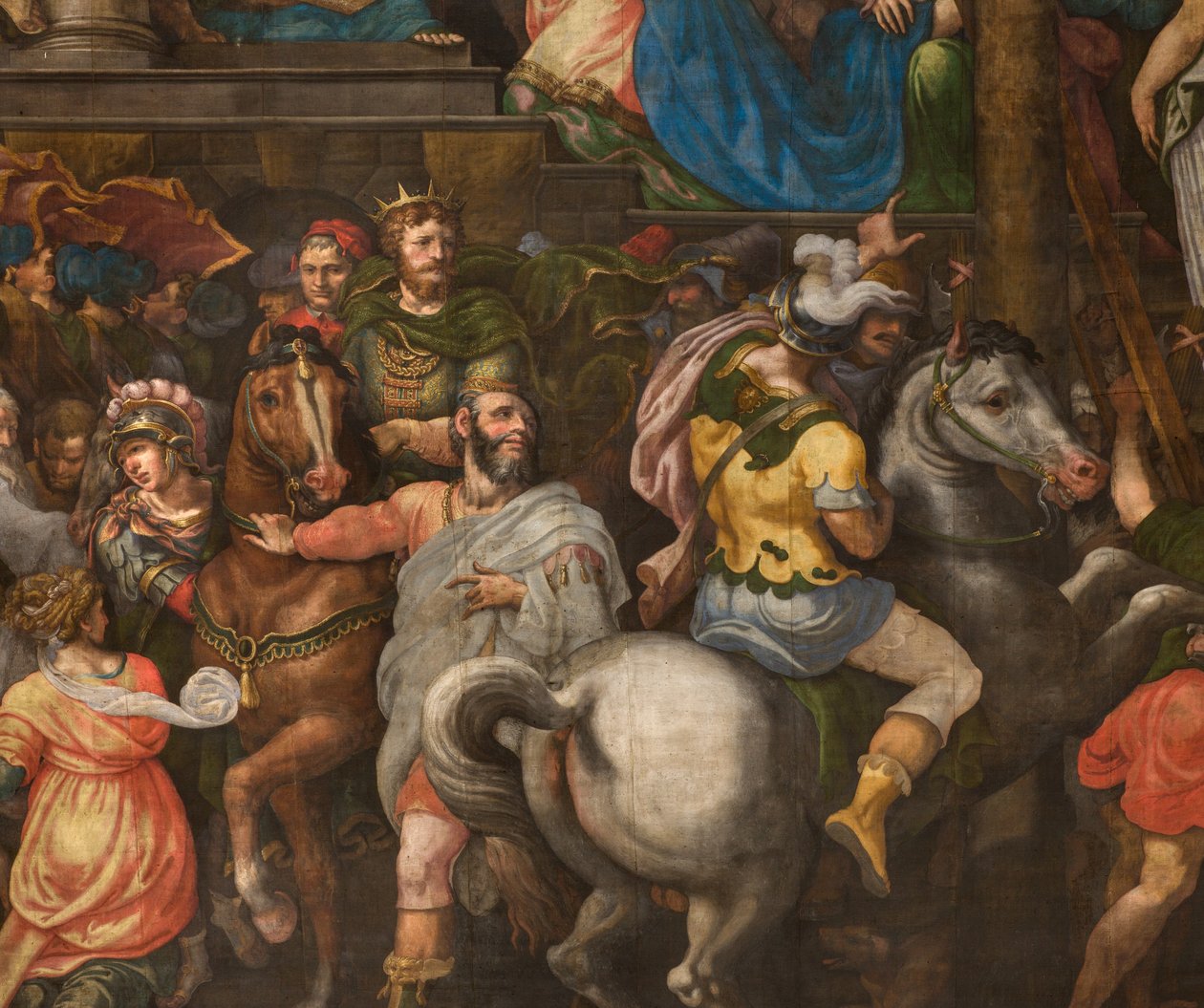 Wand gegenüber der Gegenfassade des südlichen Querschiffs, Giuseppe Campi, Triumph von Mordecai 1567 (Detail unterer Teil) von Giulio Campi