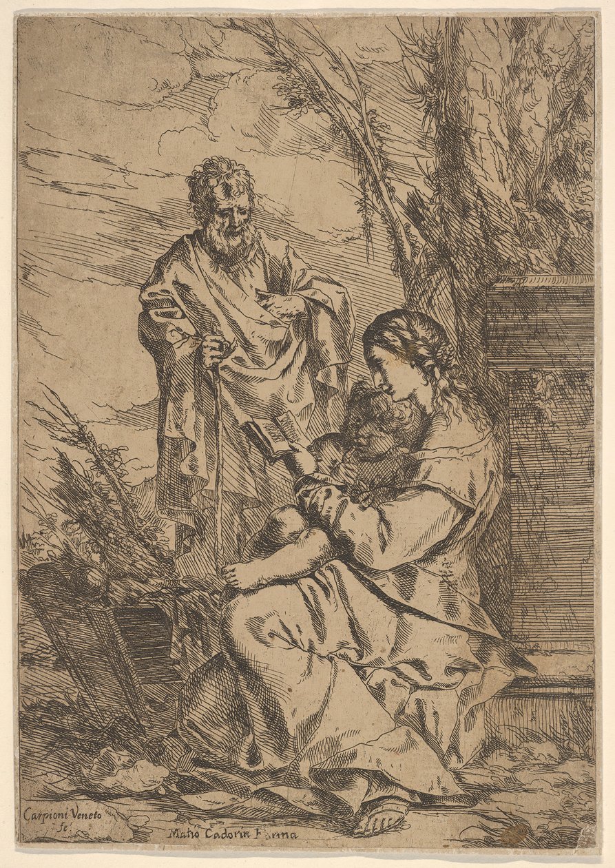 Heilige Familie mit der lesenden Jungfrau, die Jungfrau sitzt im Profil mit einem Buch in ihrer linken Hand..., 1640-60 von Giulio Carpioni
