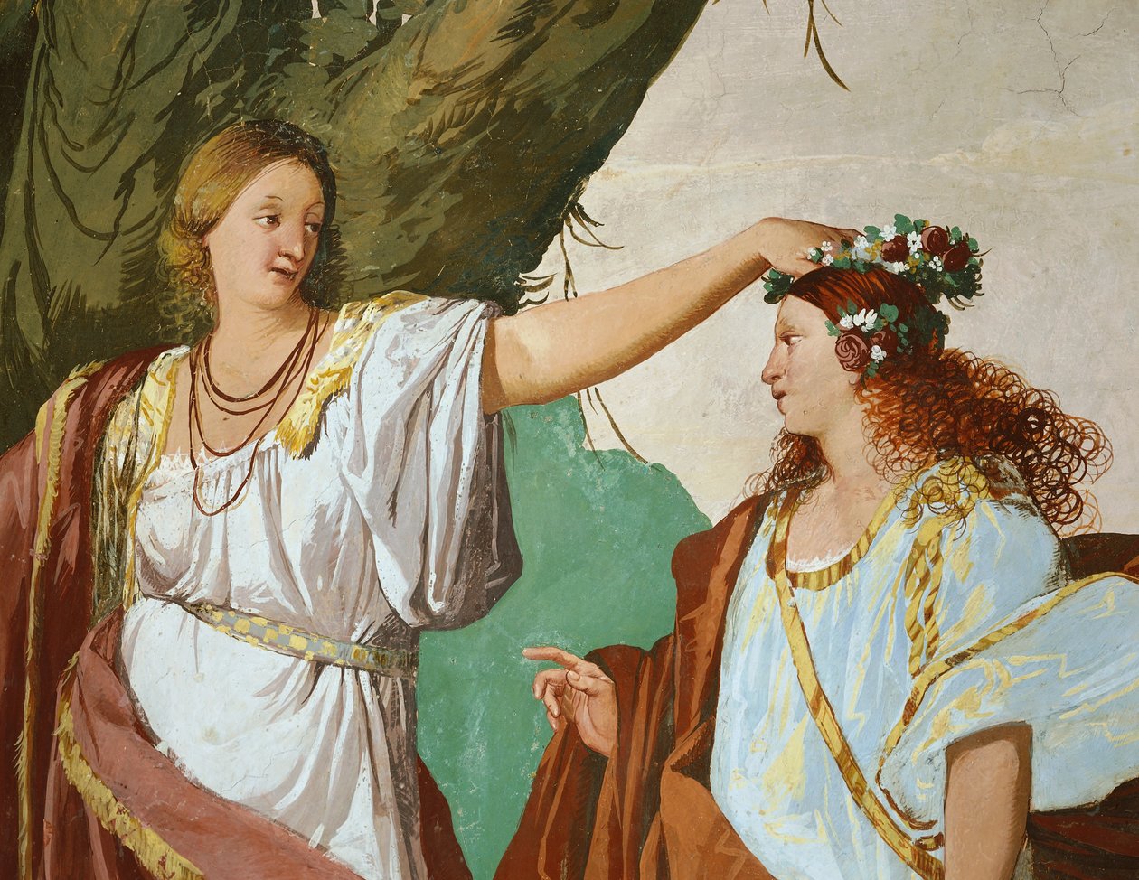 Nymphe Amaryllis als Siegerin des Kusswettbewerbs gekrönt von Giulio Carpioni