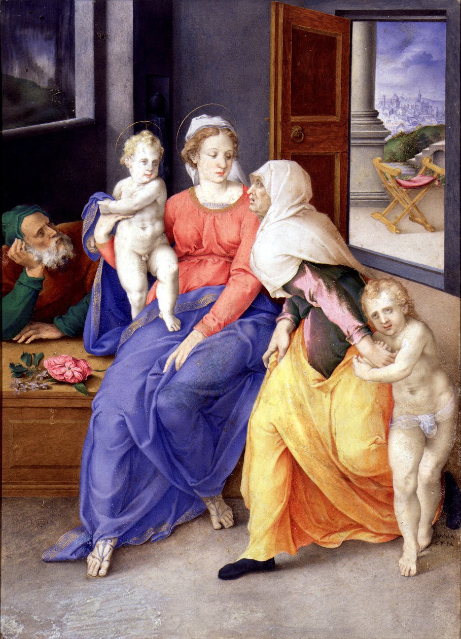Die Heilige Familie mit Johannes dem Täufer als Junge und der Heiligen Elisabeth von Giulio Clovio