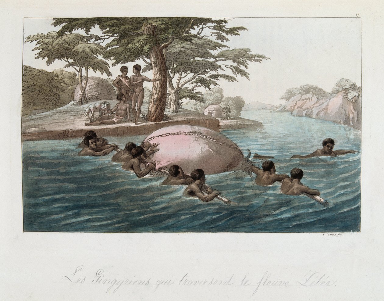 Bewohner von Sansibar überqueren den Fluss Lebee schwimmend - in „Das alte und moderne Kostüm“ von Ferrario, ed. Mailand von Giulio Ferrario