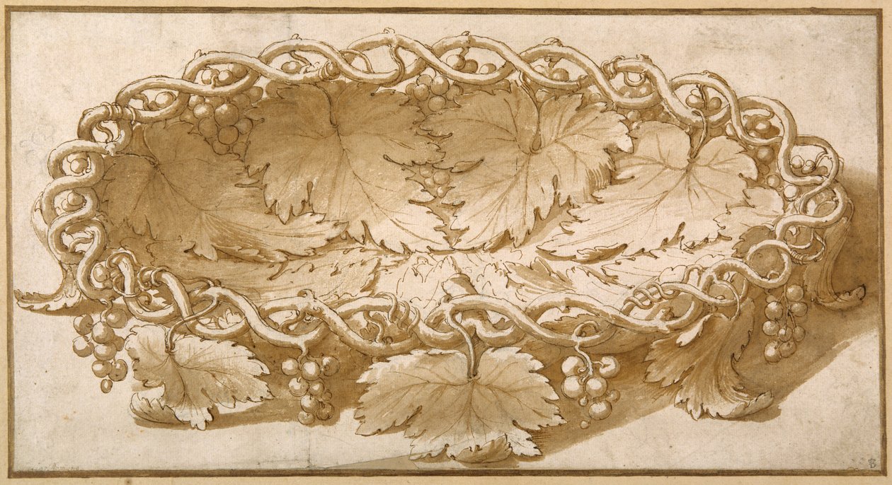 Design für eine ovale Obstschale mit Weintendrilen, Blättern und Trauben von Giulio Romano