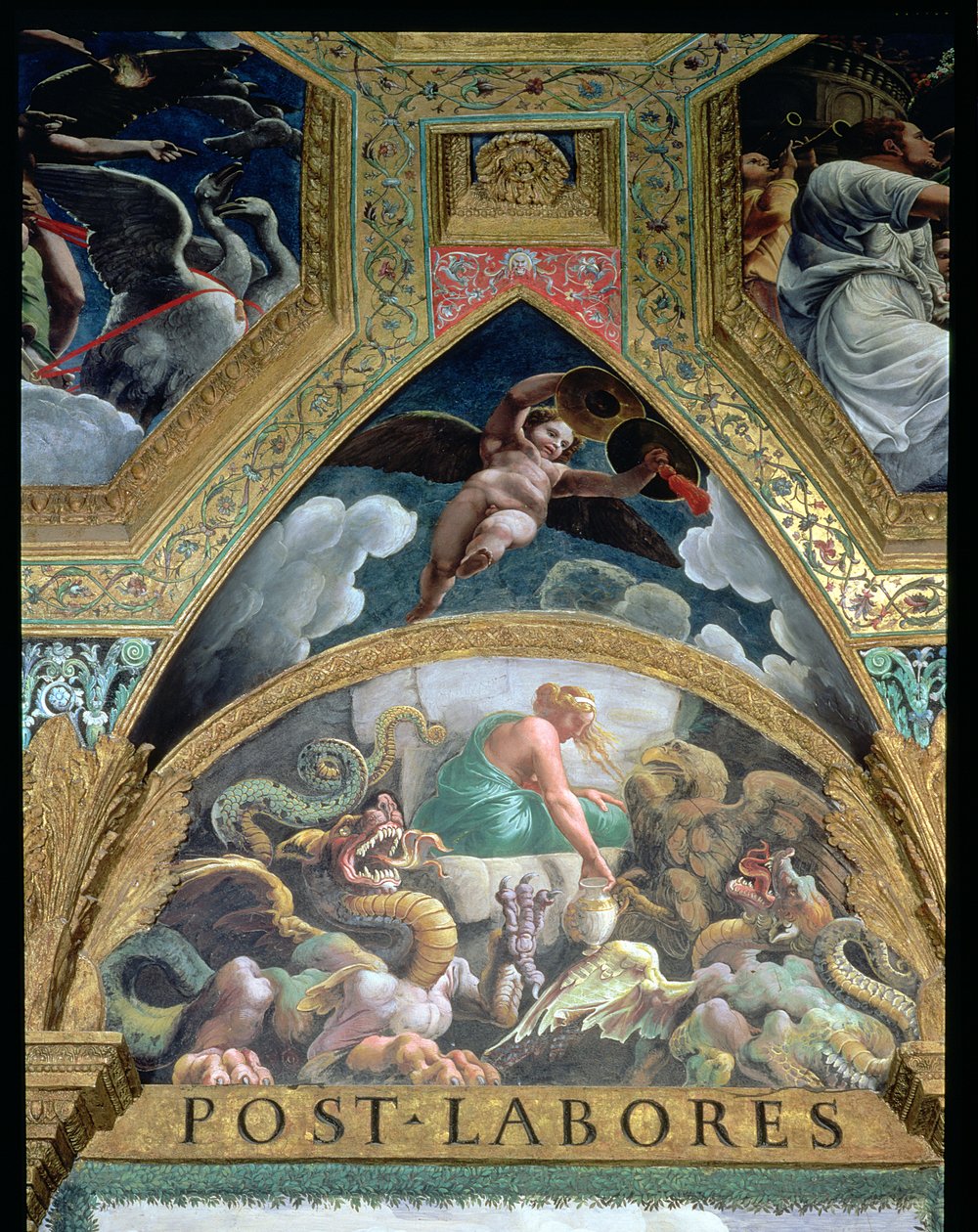 Lunette, die Psyche darstellt, wie sie eine von Venus gestellte Aufgabe erfüllt, aus der Unterwelt ein Gefäß mit der Schönheit von Proserpina zu holen von Giulio Romano