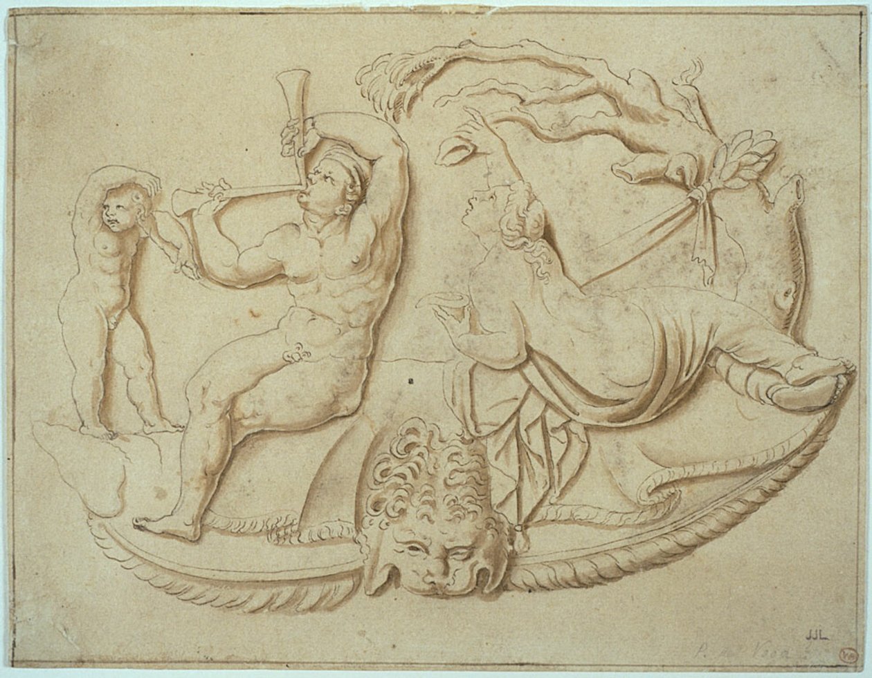 Satyr mit zwei Pfeifen und Putto und Frau, die von einem Baum trinkt von Giulio Romano