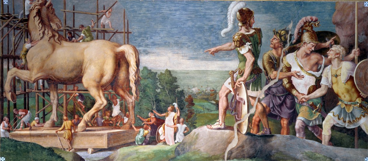 Der Bau des hölzernen Pferdes von Troja von Giulio Romano
